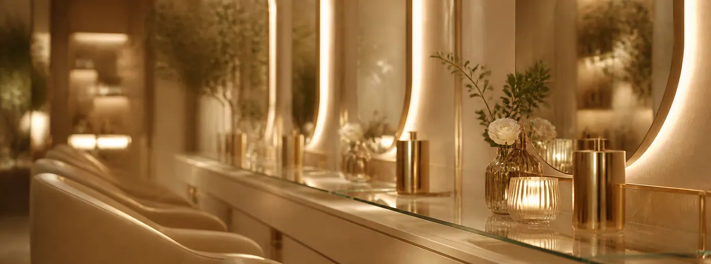 Campaign photograph: warm light and brass detail in a salon interior