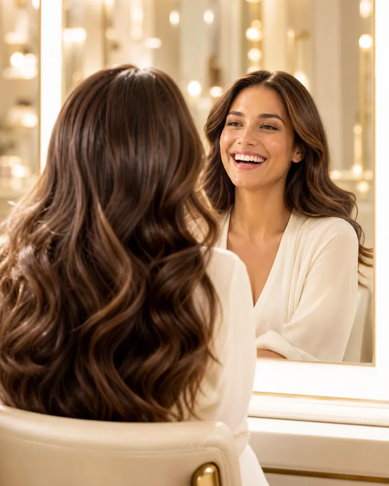 Campaign photograph: a client in the chair facing a backlit salon mirror