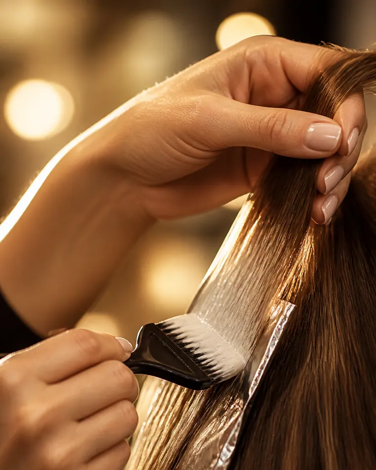 Campaign photograph: a colorist painting lightener onto a fine section of hair