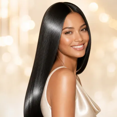 Campaign photograph illustrating Brazilian Blowout hair straightening