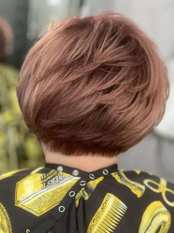 Copper auburn stacked bob, cut and color