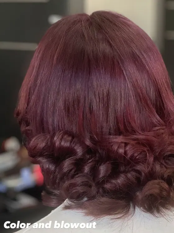 Plum burgundy bob with a curled finish