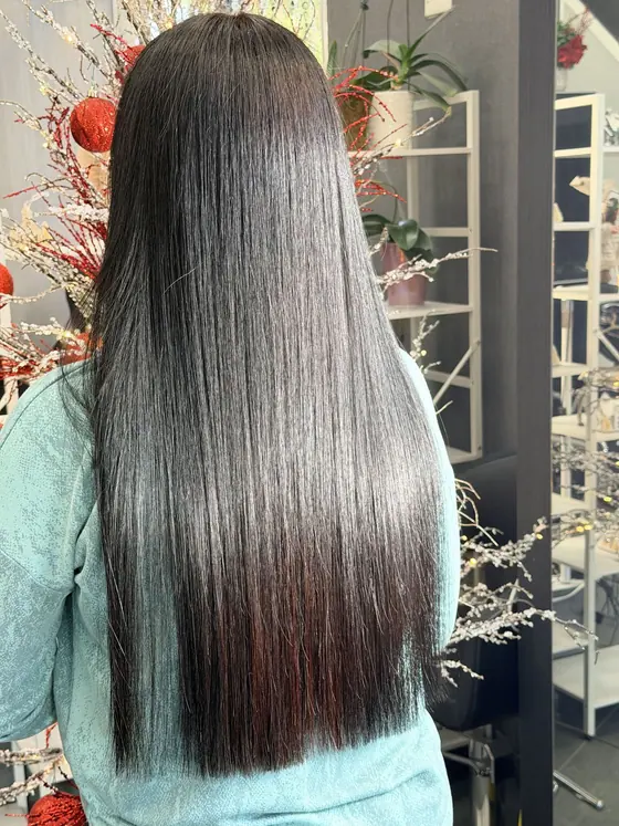 Deep dark brown gloss on long straight hair