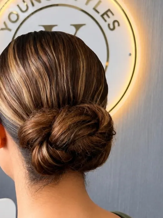 Polished low bun with dimensional brunette highlights