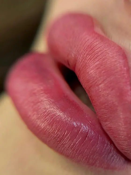 Rose lip color detail from the salon’s permanent makeup portfolio