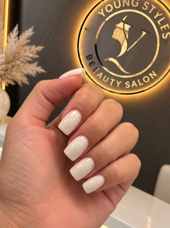 Cream white square manicure at Young Styles
