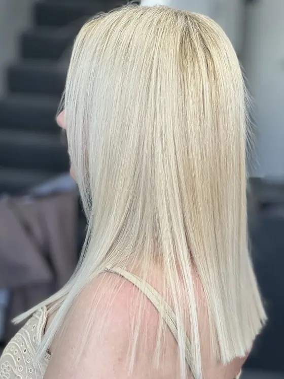Platinum blonde, long and straight